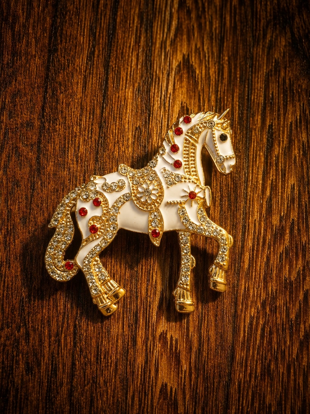 Mint Gold-Tone White Horse Brooch with Red and Clear Accents